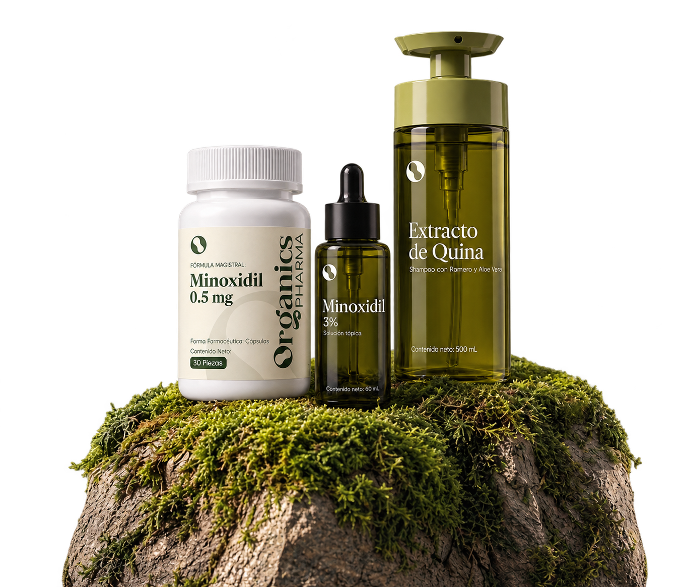 Formulaciones GENESIS de Organics Pharma sobre la piedra con musgo