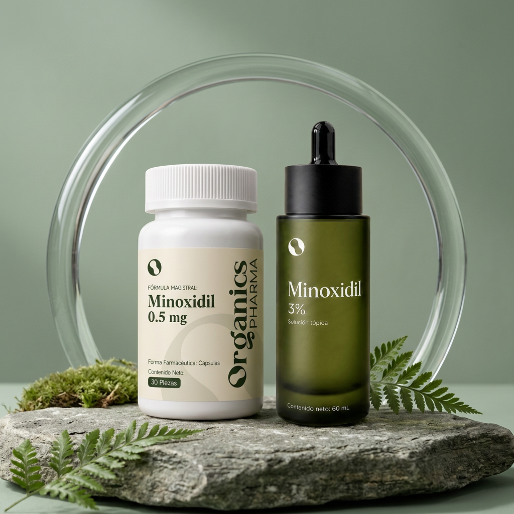 Caída y crecimiento — composición editorial de Minoxidil en Cápsulas y Solución Tópica de Minoxidil