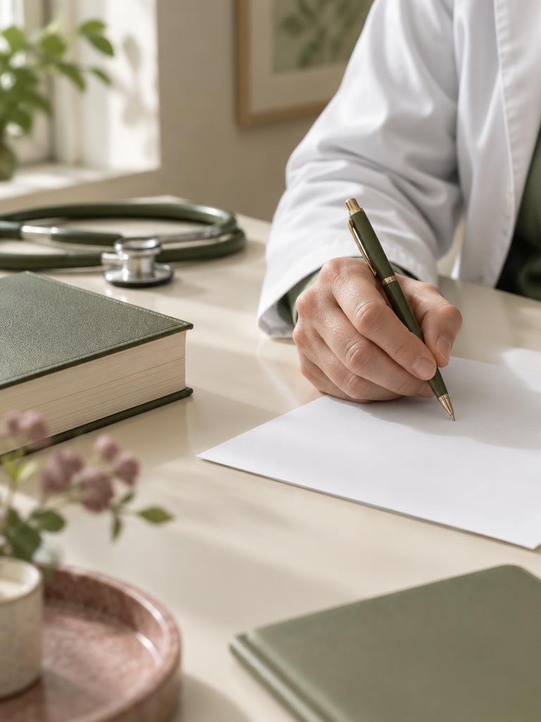 Médico escribiendo una indicación junto a material clínico