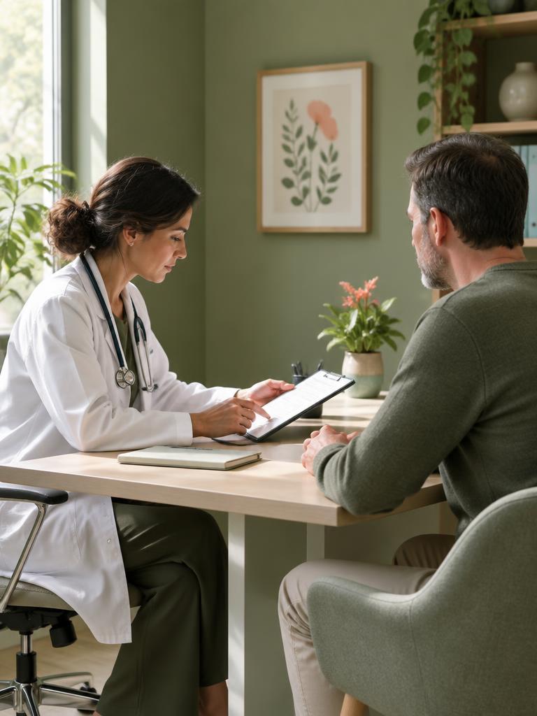 Médica revisando el seguimiento con un paciente