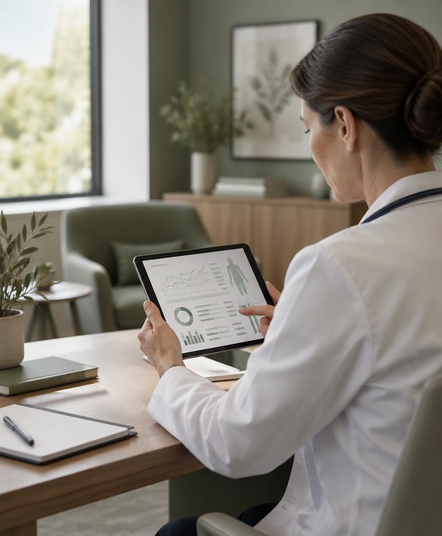 Médica revisando una historia clínica en una tableta