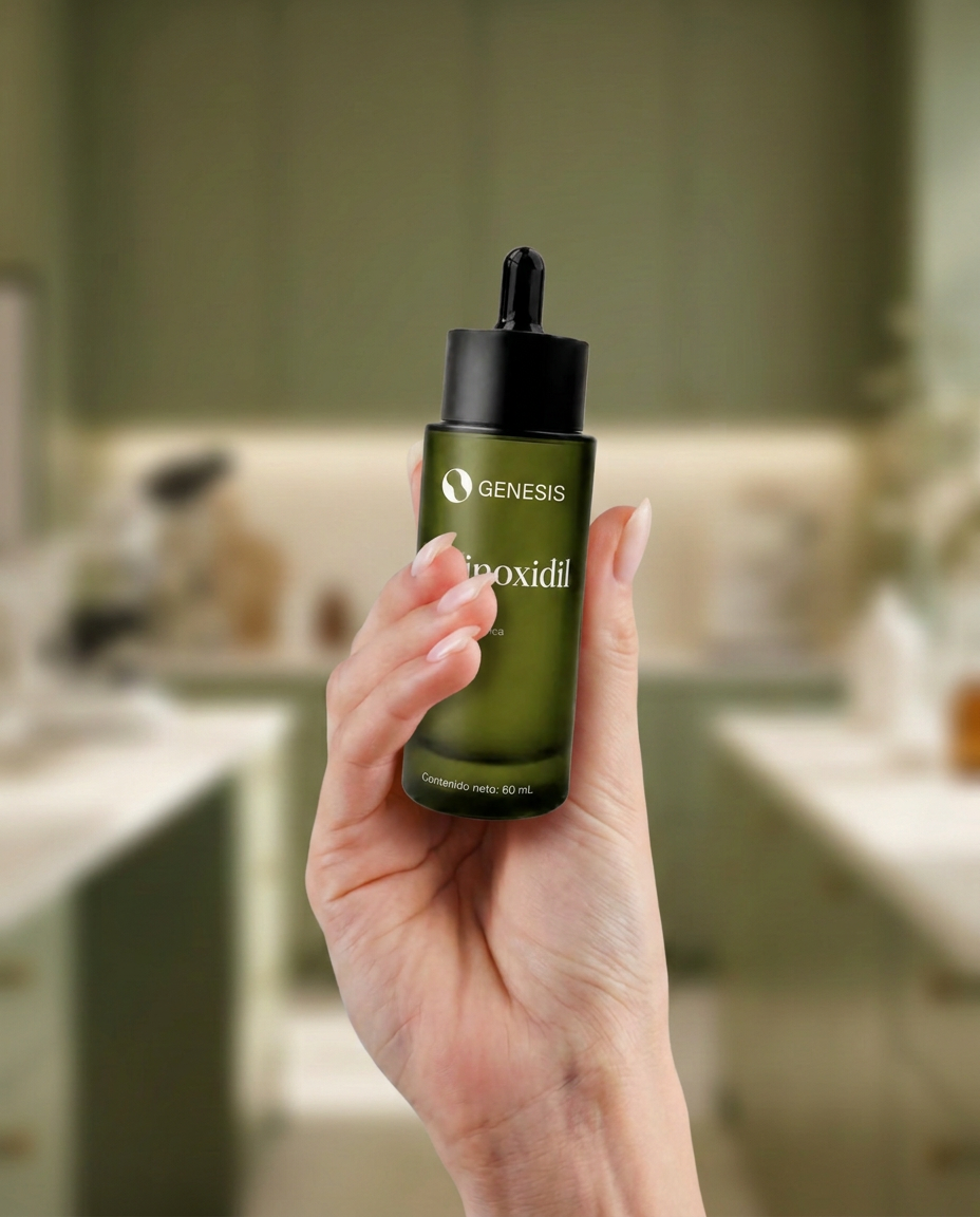Mano sosteniendo el frasco de minoxidil de GENESIS en el laboratorio