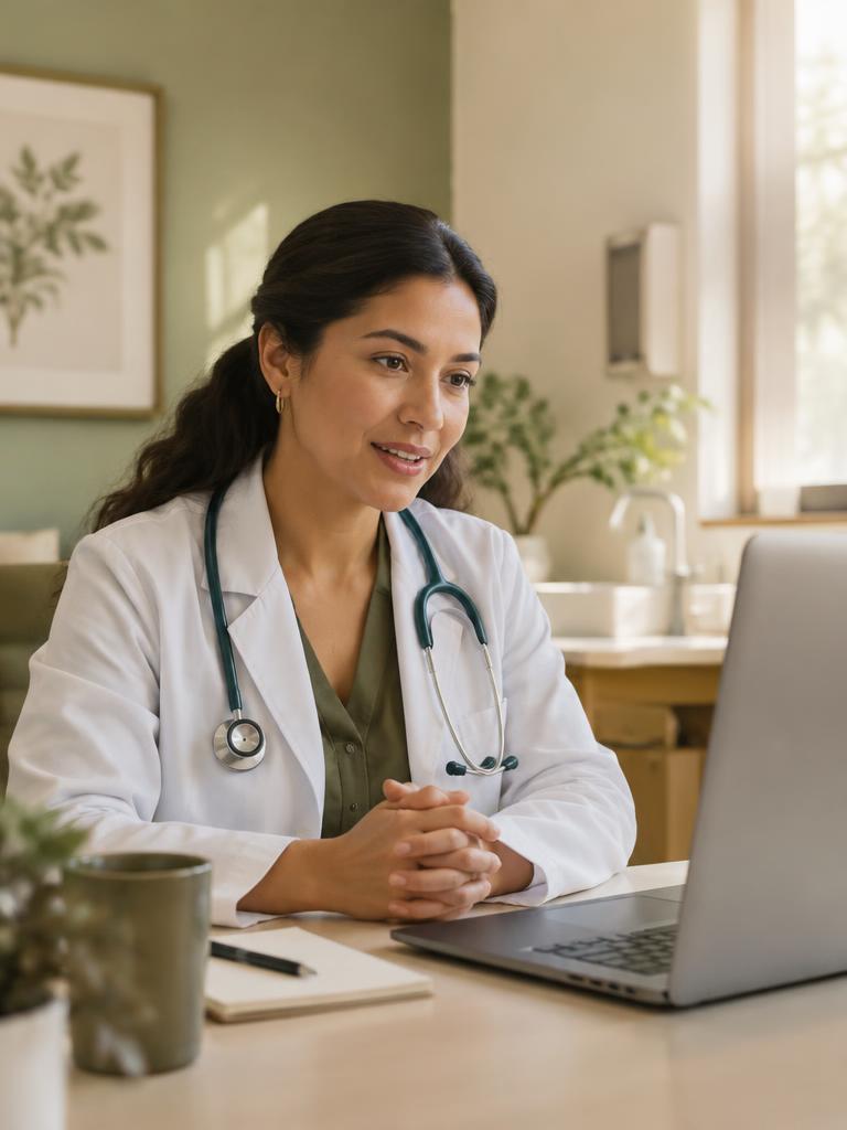 Médica atendiendo una consulta de telemedicina