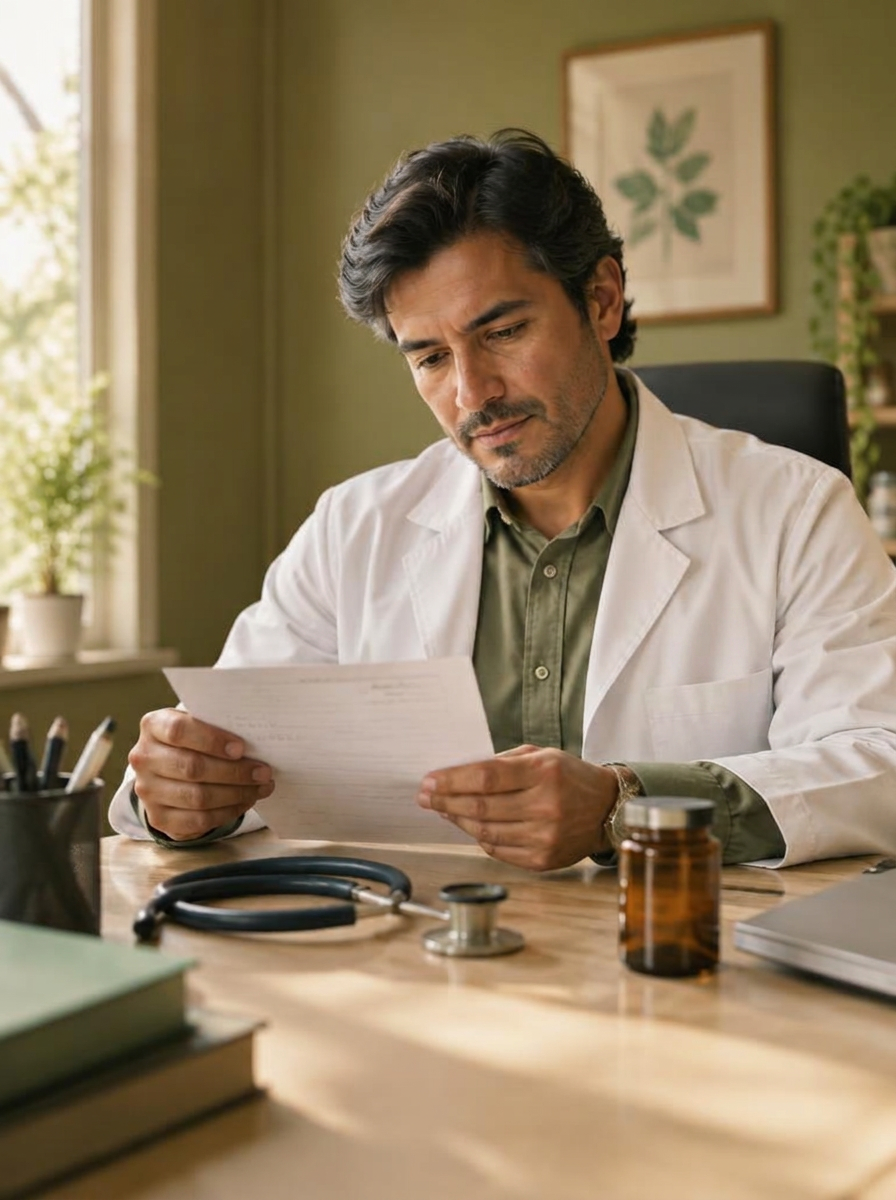 Médico revisando una prescripción en su consulta