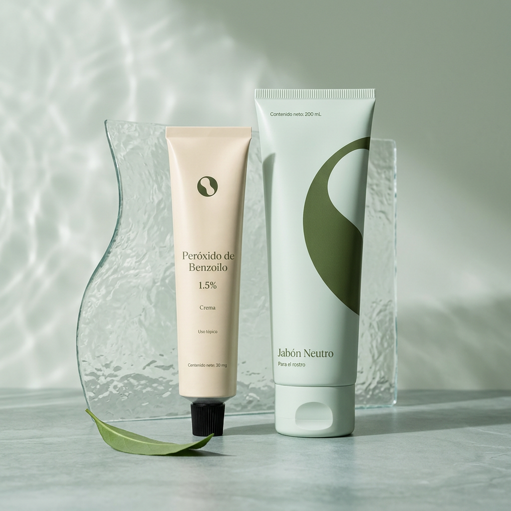 Acné, grasa y poros — composición editorial de Crema de Peróxido de Benzoilo y Loción de Ácido Salicílico al 1% y Jabón Neutro para el Rostro