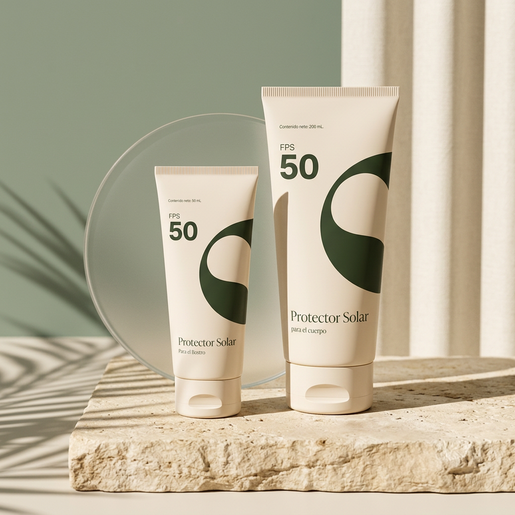 Fotoprotección — composición editorial de Protector Solar para el Rostro FPS 50 y Protector Solar para el Cuerpo FPS 50