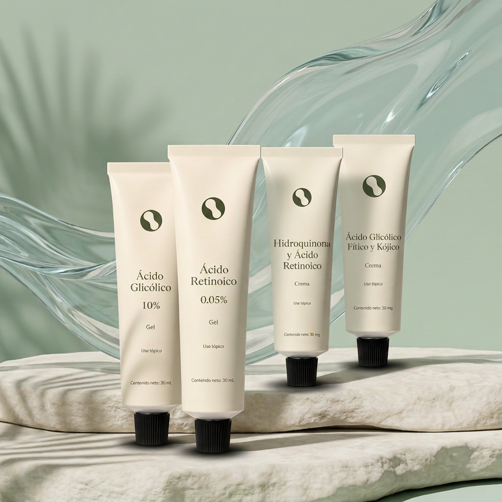 Manchas, textura y renovación — composición editorial de Gel de Ácido Retinoico al 0.05% y Gel de Ácido Glicólico al 10% y Crema Despigmentante con Hidroquinona y Ácido Retinoico y Crema Despigmentante con Ácido Glicólico, Fítico y Kójico